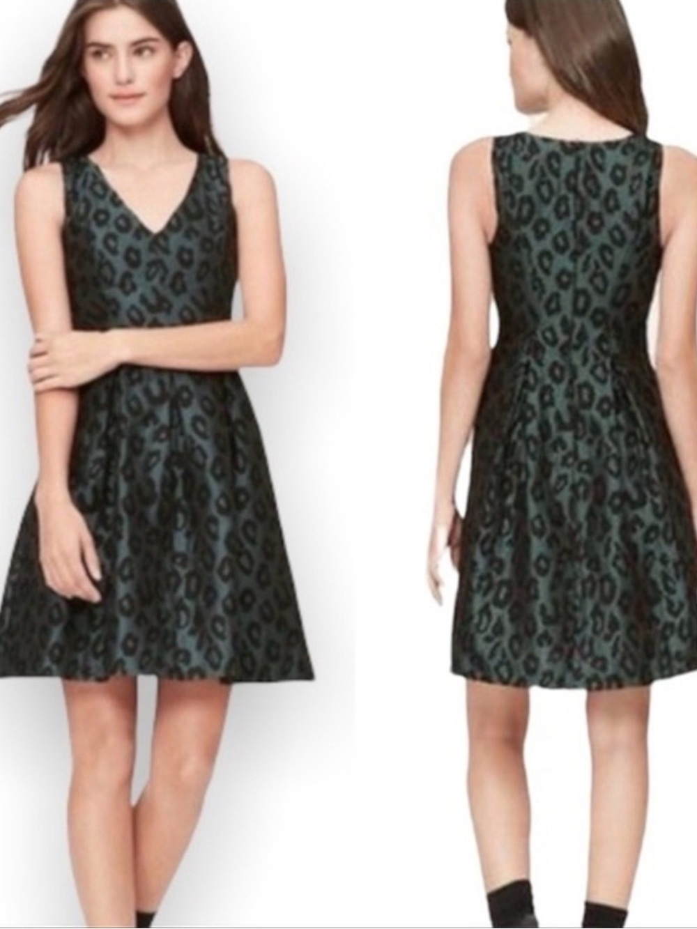 Ann Taylor Loft Leopard Jacquard Flare Dress Size 4 Small Black/Green New Party